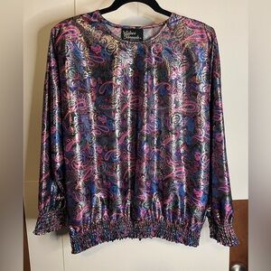 80s Fairycore Foil Print Floral Paisley Polyester Dolman Sleeve Top